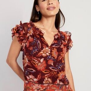 Floral Ruffle Sleeve Blouse Womens X-Large